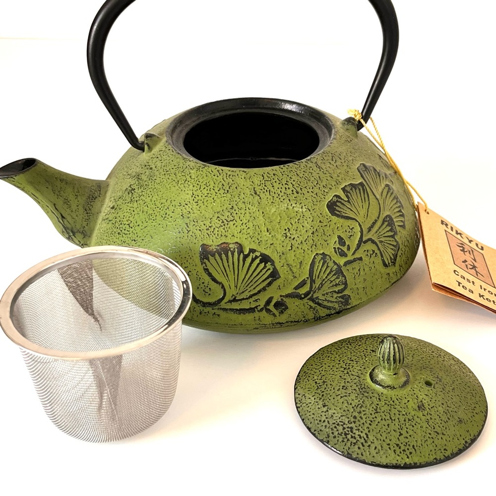NWT Rikyu Japanese Green Cast Iron Teapot Kettle Gingko Leaf Design Infuser - Picture 4 of 11